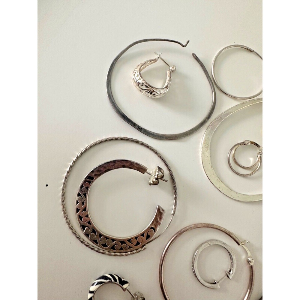 Sterling Silver SINGLE EARRINGS set 22 Hoops 925 Hinged Textured 52 grams - Picture 3 of 11